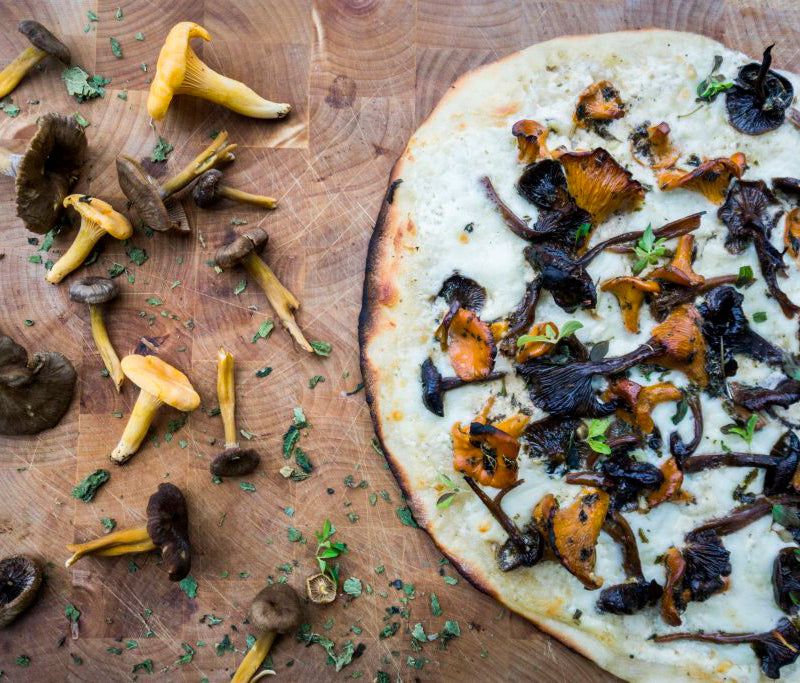 White Pizza with Nettle Marinated Mushrooms